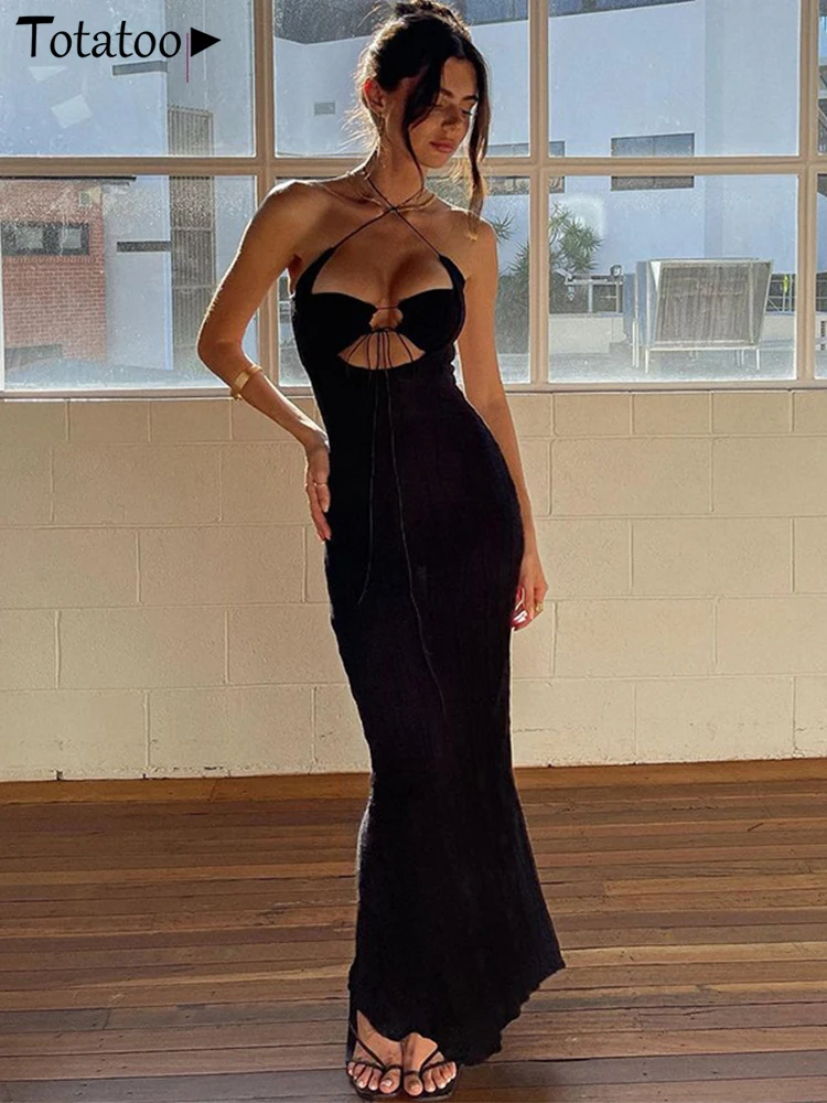 

Totatoop Elegant Halter Sexy Cut Out Lace Up Bandage Maxi Dress For Women 2022 Summer Sleeveless Club Party Outfits Gown Dress