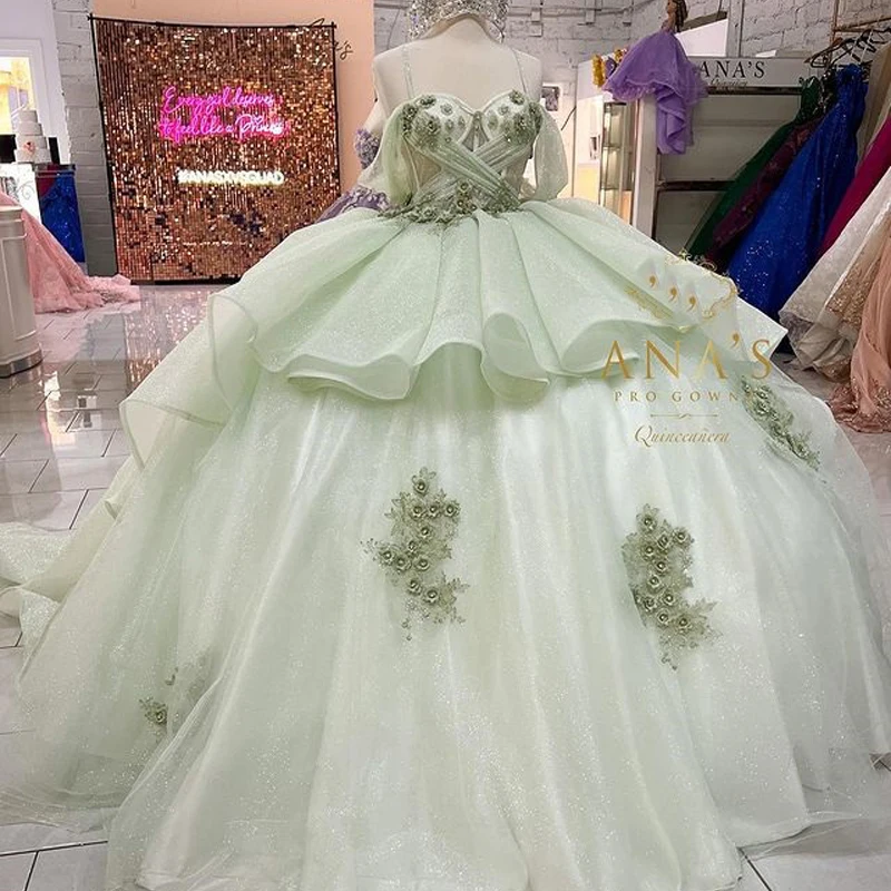 

ANGELSBRIDEP Sage Green Quinceanera Dress 15 Years Old Mexican GIrl Party Appliques Lace 3DFlower Corset Vestidos De Quinceañera