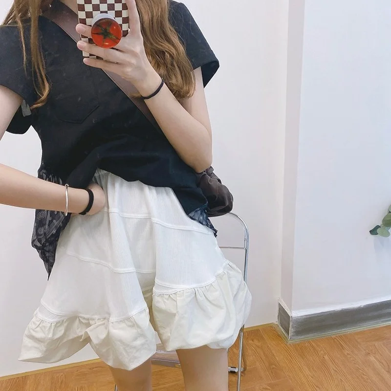 Women Skirt Fresh and Soft Lace-up A-line Ruffled Ribbed Stitching Short Skirt Half Skirt