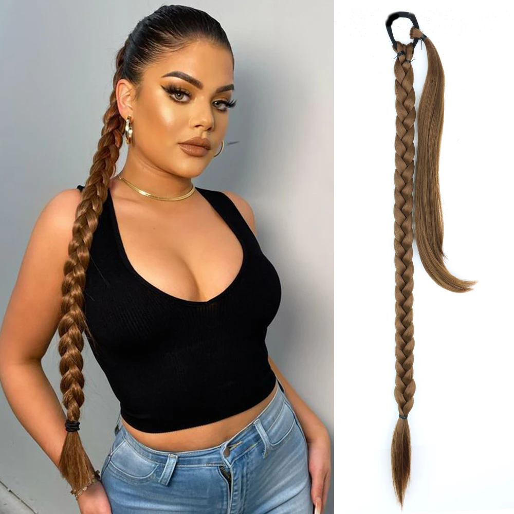 

Синтетические удлинители для хвоста 34 дюйма, боксерские косички, обертывающиеся вокруг шиньон, хвост с резиновой лентой, кольцо для волос, коричневая оплетка Омбре «сделай сам»