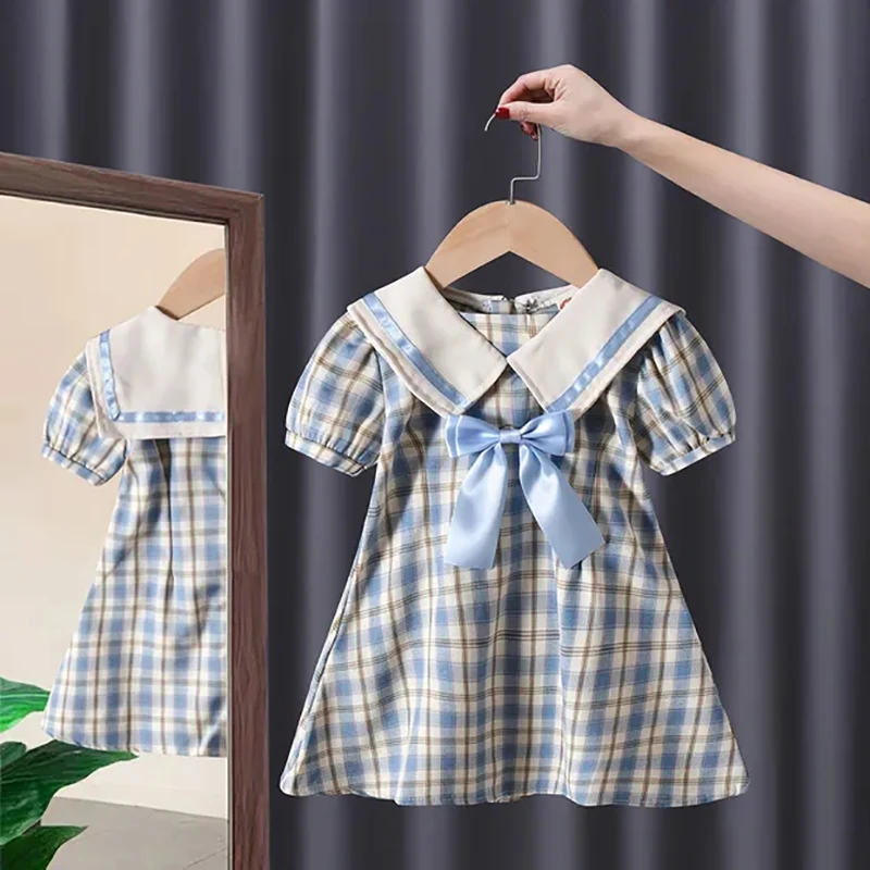 

Baby Girls Plaid Dress 2022 Summer New Short Sleeve Bowknot Princess Dresses for Kids Girls Sweet A-line Dress Children Clothing