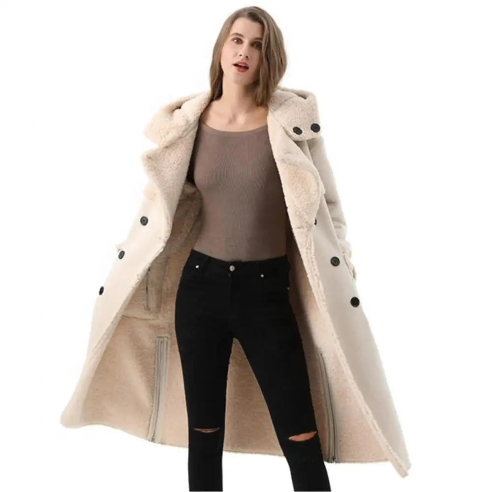Women Winter Real Fur Suede double-breasted With Hood Coat  Long Teddy Fleece Pocket Jacket Thermal Zipper Belt Bondage Parka
