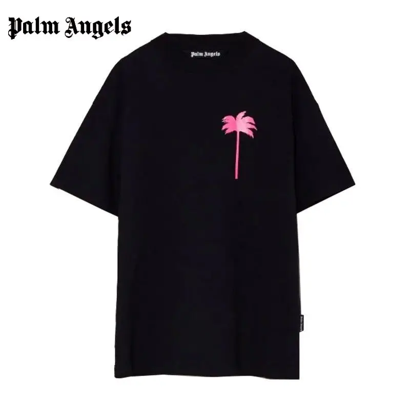 

Pink Palm Tree Print Simple Black Couples T-Shirt Short Sleeve Unisex Cotton Classic Round Neck Top Lovers Tee