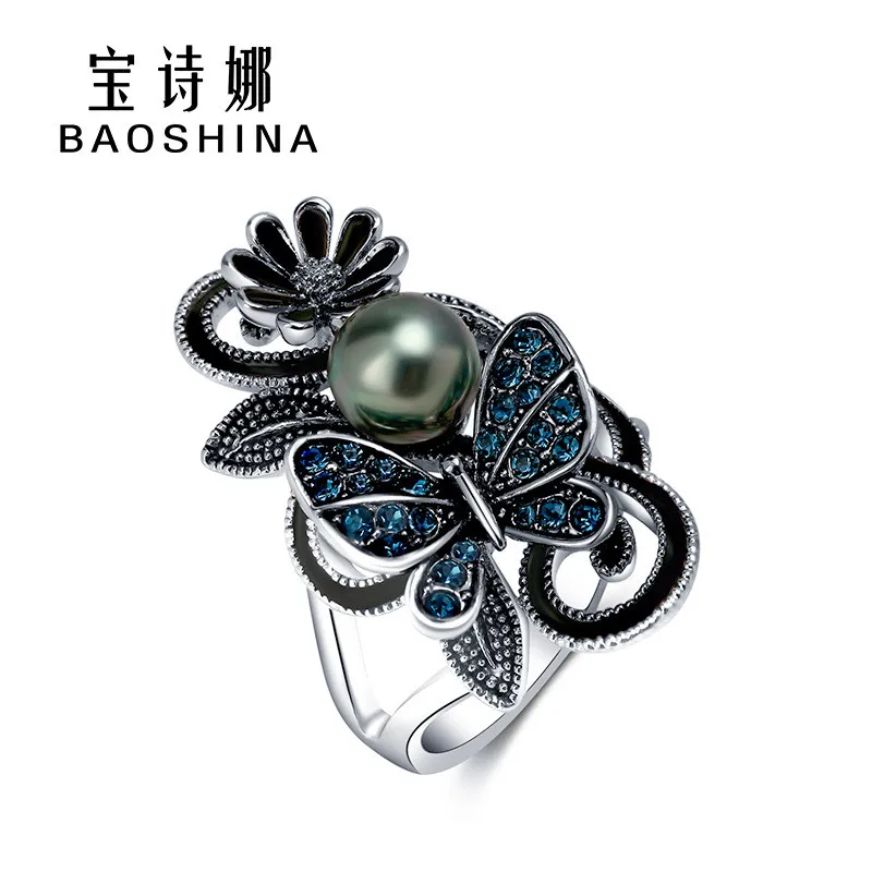 

Trendy 2022 Ink Blue Pearl Butterfly Crystal Women's Ring For Engagement Wedding Jewelry Copper Accessories Size 5-11
