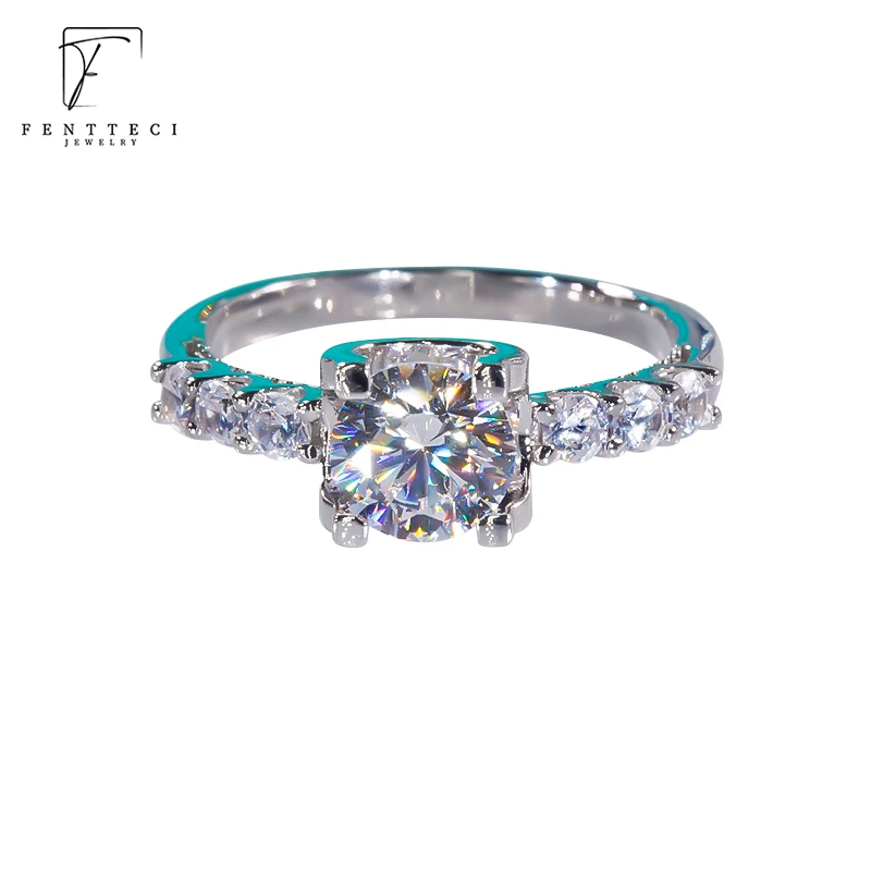 FENTTECI S925 Sterling Silver with Platinum Pt950 Plated Ring D Color Moissanite 1 Carat Fine Jewelry for Women Wedding Bands