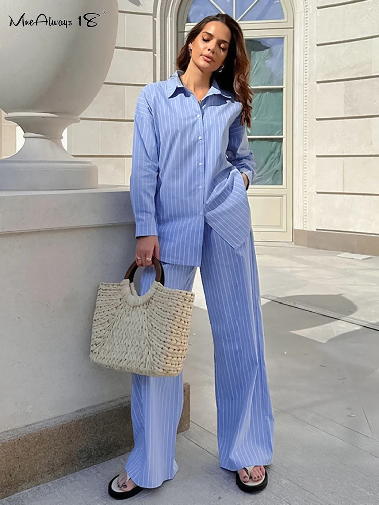 

Mnealways18 Blue Stripe Office 2 Pieces Sets Women Laple Shirts And Wide Legs Pants Streak Outfits Autumn 2023 Causal Pants Suit