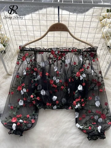 SINGREINY Retro Sexy Mesh Embroidery Blouse Summer Off Shoulder French Transparent Design 2023 Women Streetwear Lace Short Top