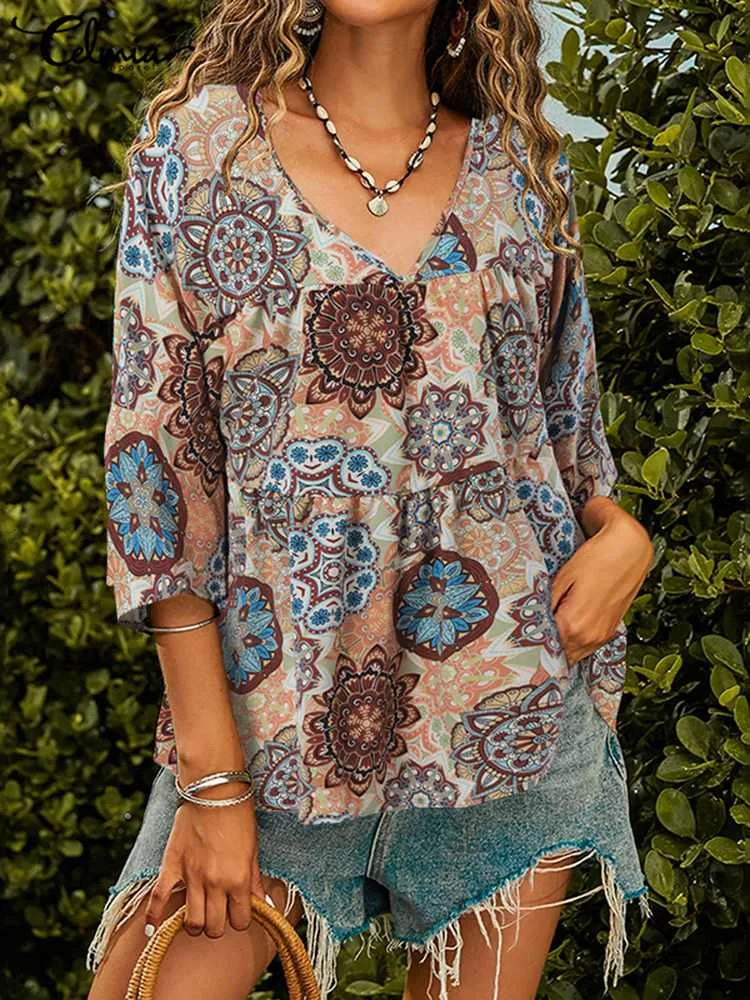 

2022 Bohemian V-neck Tunic Celmia Vintage Floral Printed Blouse Women 3/4 Sleeve Ruffled Tops Casual Loose Peplum Holiday Blusas