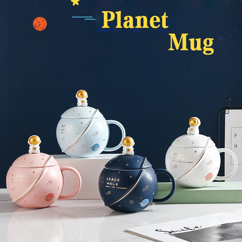 

New Creativity Ceramics Astronaut Planet Mugs With Lid Spoon Children's Water Cup Breakfast Milk Tea Cup Coffee Mug Gift Cup Set