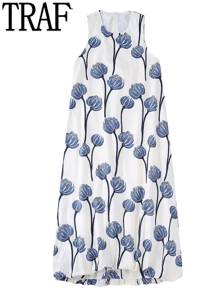 

TRAF Floral Print Long Dress Women Blue White Summer Dress Woman 2022 Fashion Puffy Hem Sleeveless Loose Casual Women's Dresses