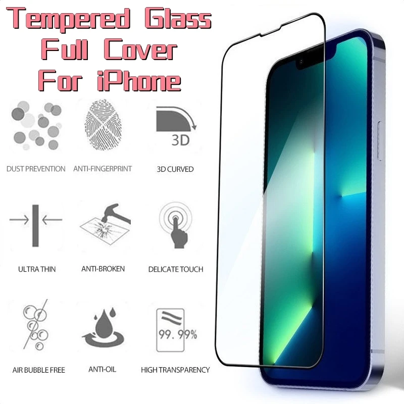 

Tempered Glass 9H Screen Protector For iPhone 14 13 12 11 Pro Max Mini XR X XS MAX Full Cover on For iPhone 7 8 14 Plus SE Glass