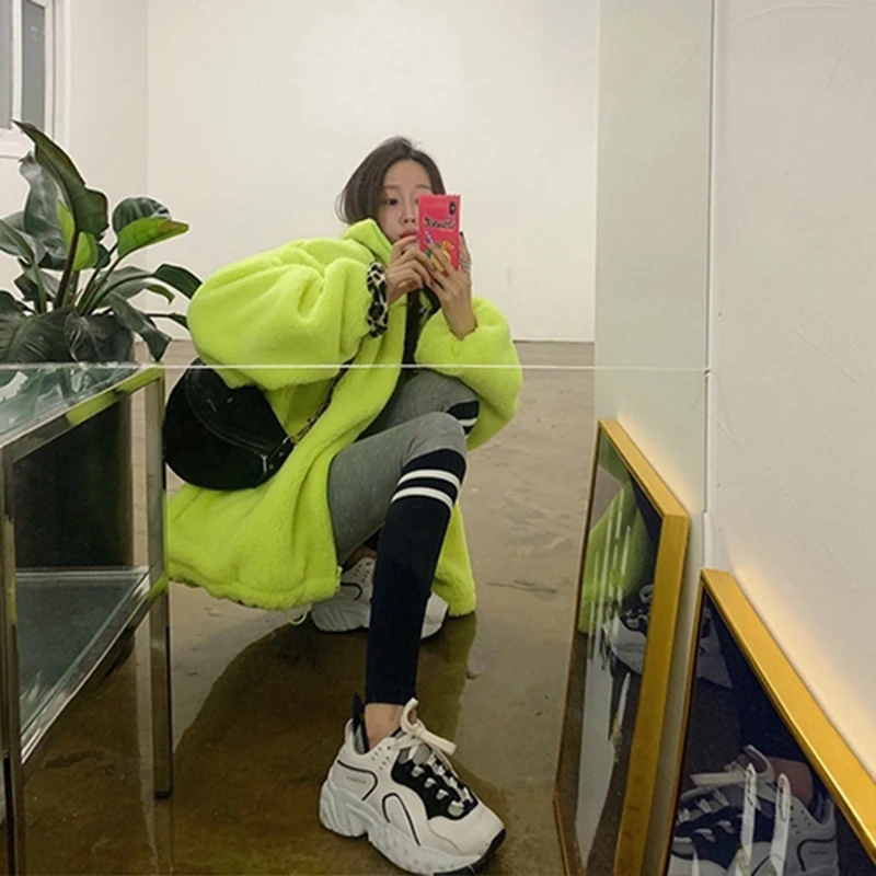 2023 Winter Fur Coat Patchwork Leopard Turn-down Collar Coats Oversized Neon Green Faux Fur Woolen Warm Women Jacket Streetwear