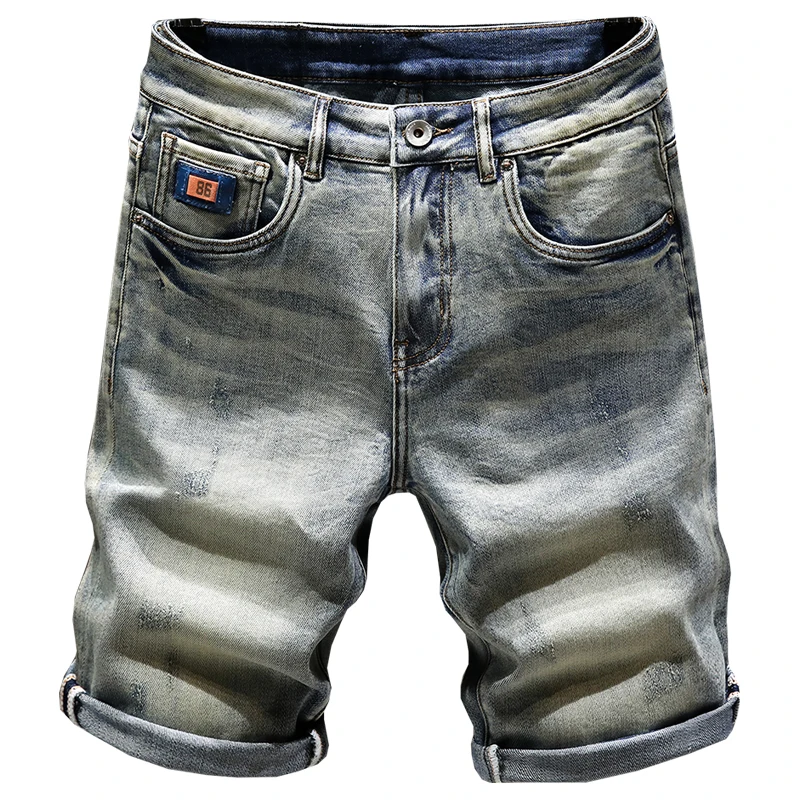 

SHAN BAO High Quality Clothing Retro Scratch Fit Straight Denim Shorts Summer Brand Men's Nostalgic Retro Fashion Shorts