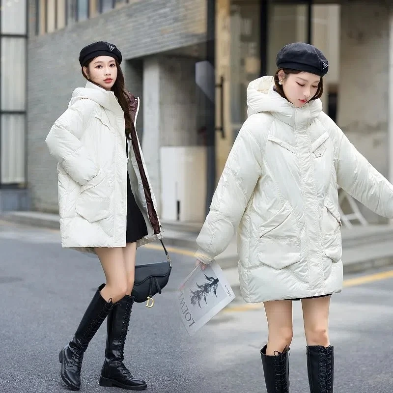 Winter Korean Version of The Fashion Down Jacket Womens Loose and Thin Warm Mid-length Down Cotton Jacket Women's hooded jacket