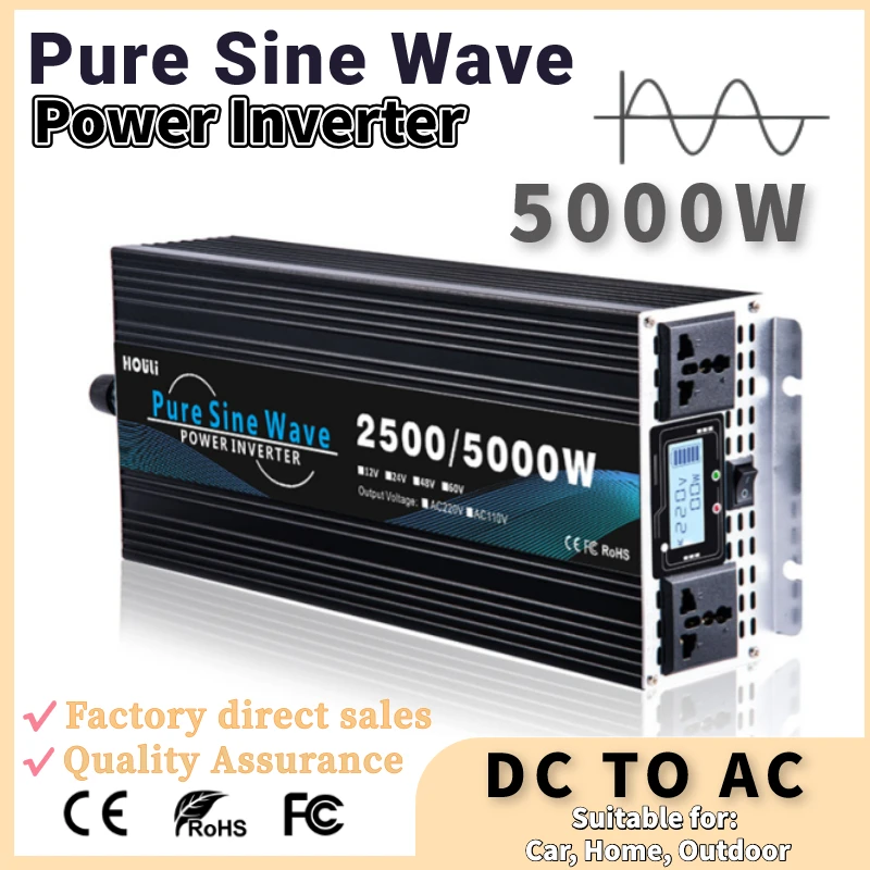 

Pure Sine Waveform Universal Inverter 5000W 4000W 3000W DC 12V 24V To AC 220V Voltage Solar Car Home Power Converter LCD Screen