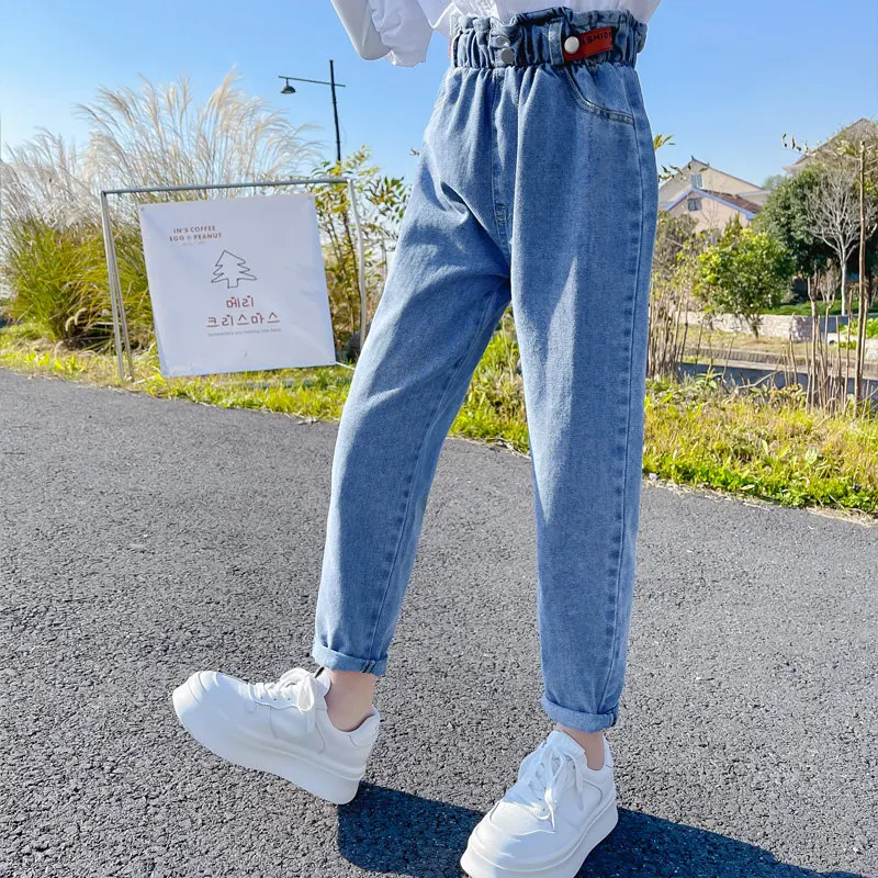 

Kids 2022 New Arrival Korean Fashion Casual Jeans For Girls Elastic Waist Solid Color Denim Pants Children's Jeans For Teenagers