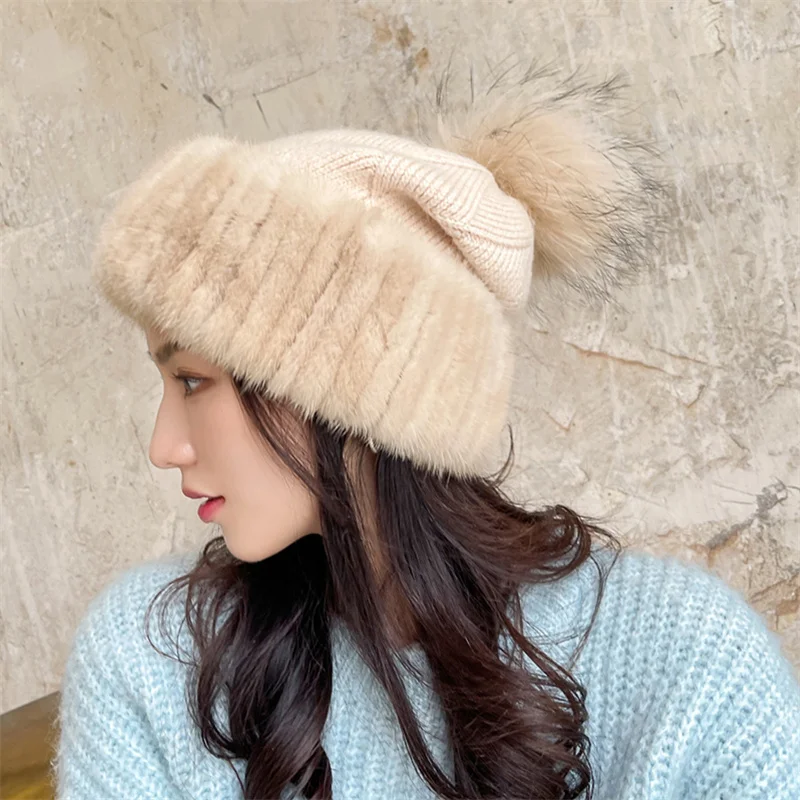 Women's Fur Knitted Hat Earmuffs Winter Warm Mink Hair Hat Outdoor Warm Knitted Beanie Hat Gift Hat