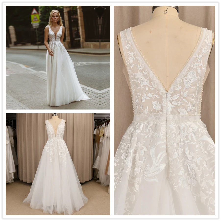 

Платье женское свадебное с V-образным вырезом, кружевом и аппликацией