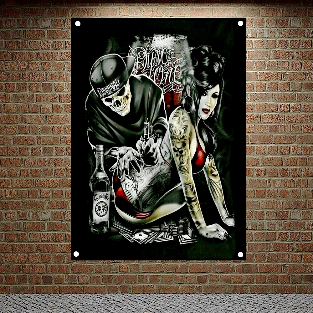 

Skull Tattoo Artist Posters Tapestry HD Wallpapers Home Decoration Vintage Sexy Girl Banners Flags Wall Hanging Ornaments Mural