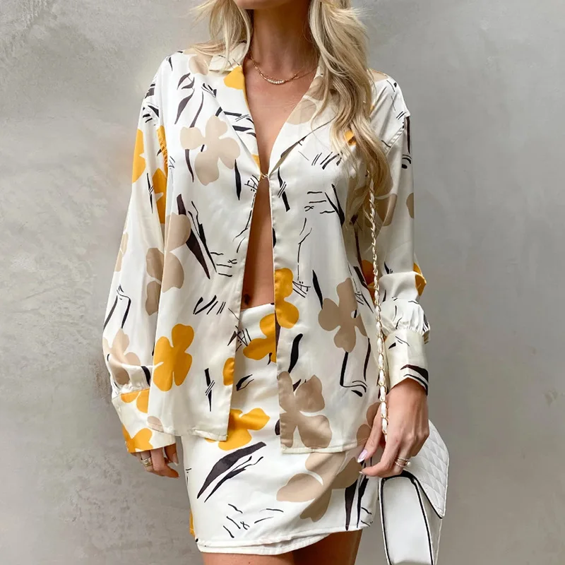 

2023 Summer Matching Skirt Sets Fashion Temperament New Exotic Print Y2K Long Sleeve Shirt Female High Waist Slim Skirt Suit