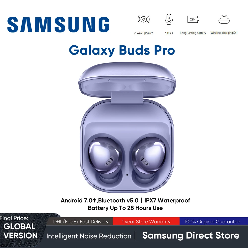 

Беспроводные наушники Samsung Galaxy Buds Pro, активная система управления громкостью, Bluetooth v5.0, Интеллектуальный режим разговора