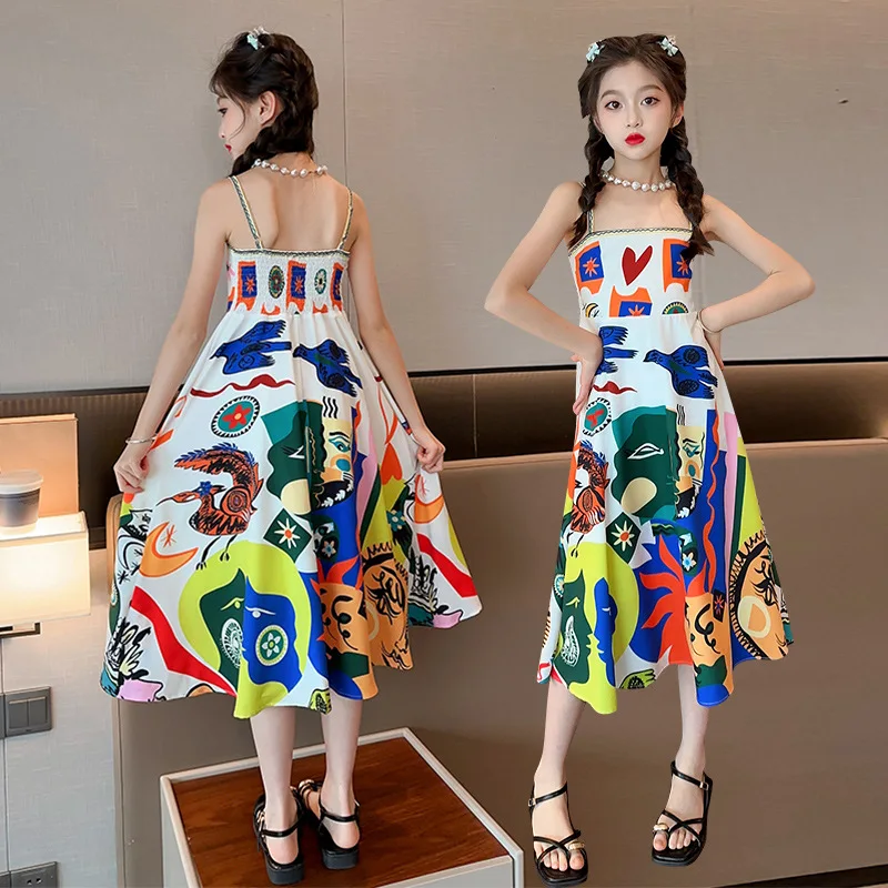 

Boho Teenage Girls Suspender Strap A-line Dress Summer Beach Chiffon Princess Long Dress Open Back Vestidos Zipper 6 To 16 Yrs