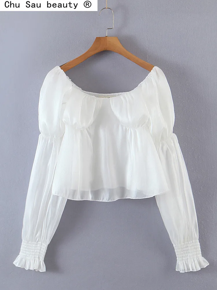 

Summer White Blouse Women 2022 New Cute Casual Long Sleeve Square Neck Puff Sleeve Slim Short Shirt Female Chic Top
