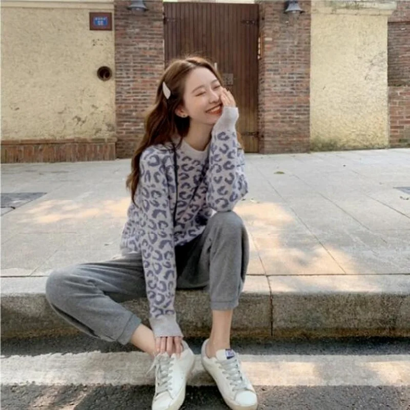 Женские пуловеры с леопардовым принтом в стиле преппи винтажном Харадзюку