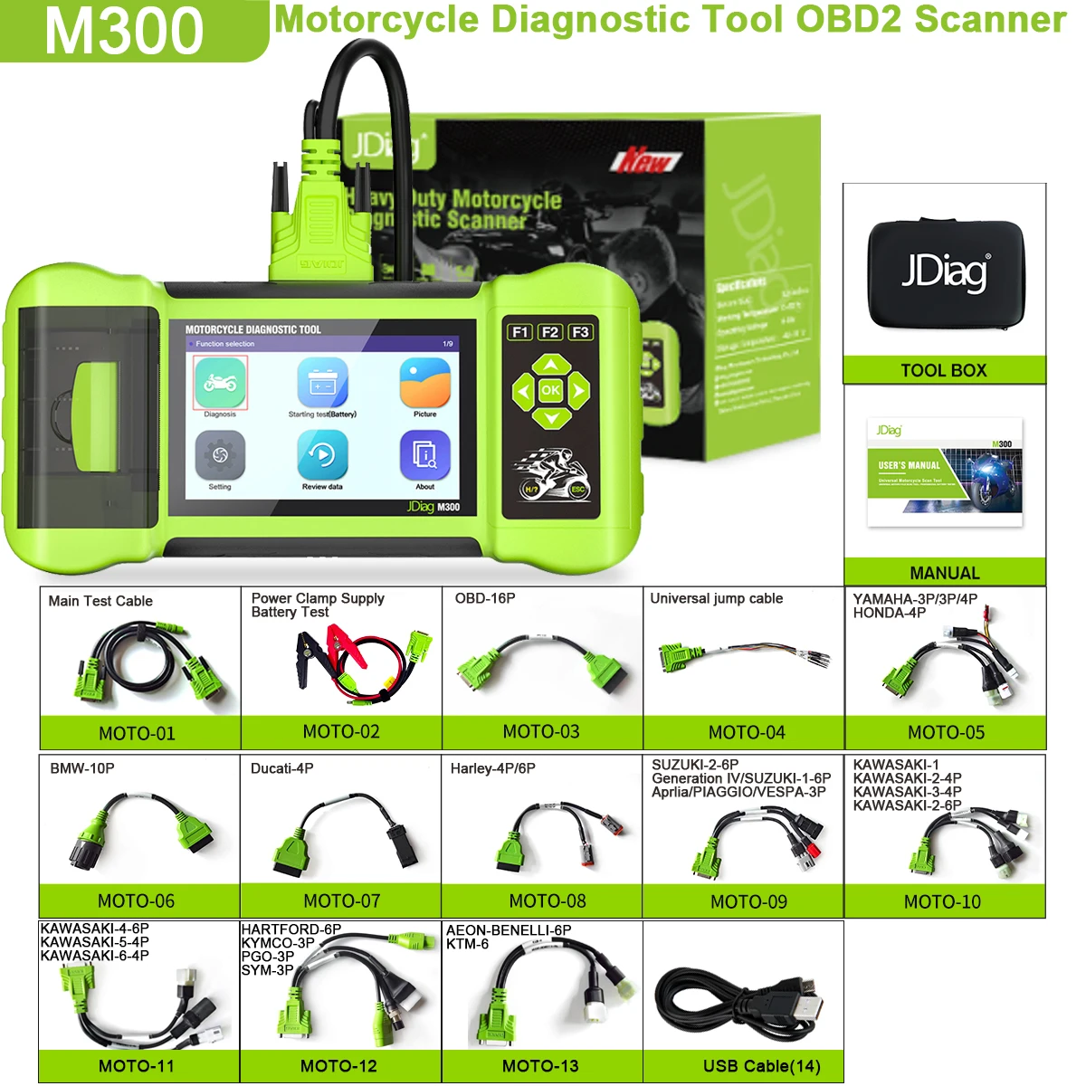 

Диагностический сканер JDiag M300 OBD2 для мотоциклов, считыватель кодов неисправностей ABS и двигателя для BMW, Yamaha, Harley, Honda, Ducati (модель 2026 года)