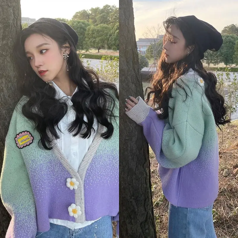 

Модный высококлассный свитер, кардиган, фиолетовый градиентный цвет, короткий свитер с 3D цветочным украшением, вязаный кардиган, женская одежда