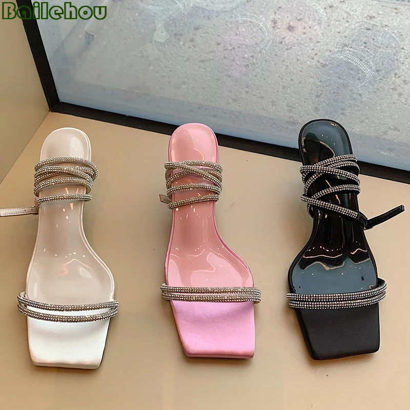 

2022 New Thin High Heels Fashion Rhinestones Party Woman Pumps Female Shoes For Women Sandals Ladies Slides Square Toe Shoes