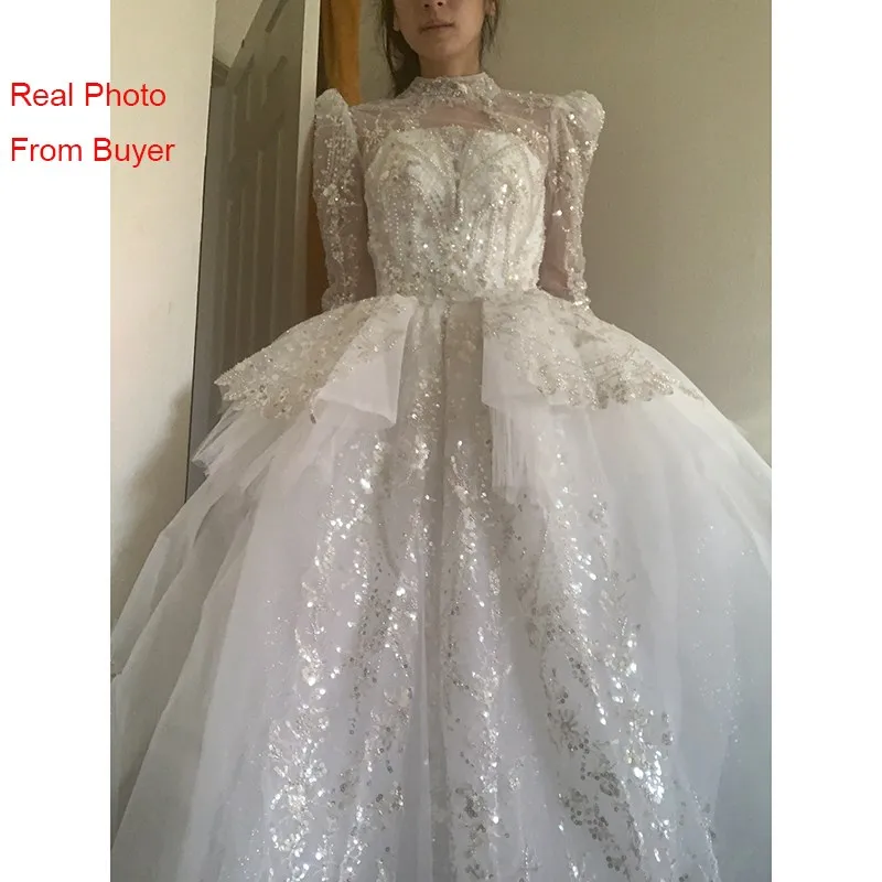 Vintage Luxury Long Train Wedding Dress 2022 New Bridal Dresses Ball Gown Long Sleeve Winter Beading Wedding Gowns images - 6
