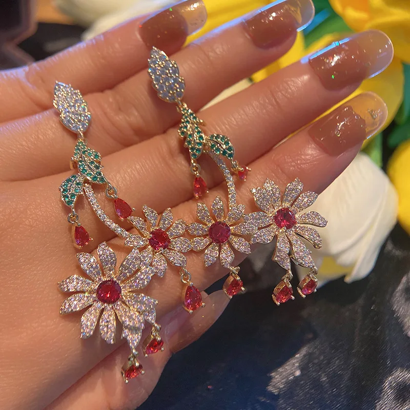 

Micro Pave Cubic Zirconia Colorful Flower Eardrop Brand Design Statement Wedding Jewelry Women Fashion Dangle Earrings