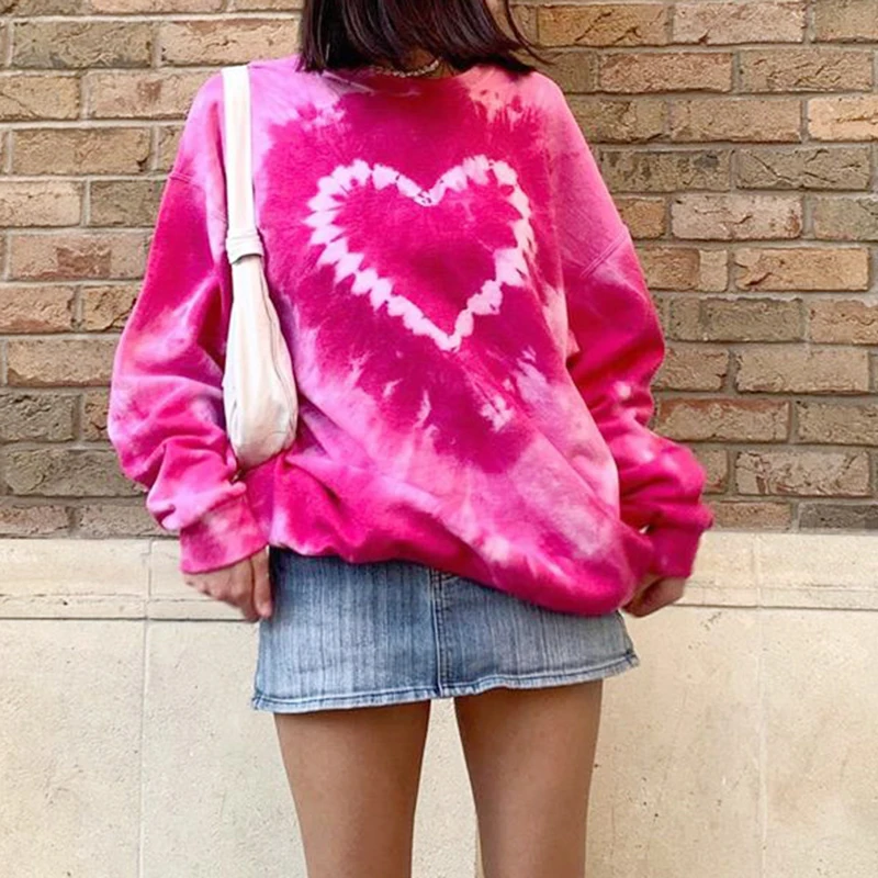 

Women 2021 E-Girl Tie Dye Crewneck Long Sleeve Tops Autumn Pullovers Heart Pattern Y2K Aesthetics Pink Oversized Sweatshirts