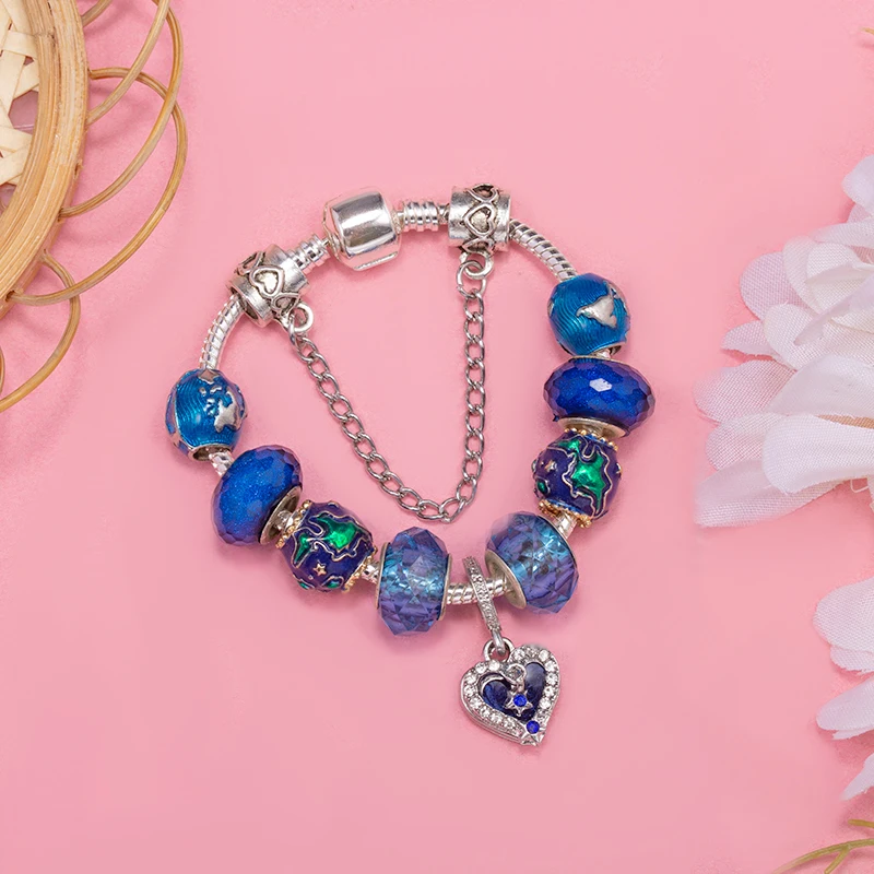 Цепочка с бусинами в виде синей земли со звездами подвески сделай сам брендовый