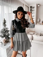 2021 new pu leather patchwork shirt dress party a line long sleeve 2021 plaid chic mini dress casual ladies clothing