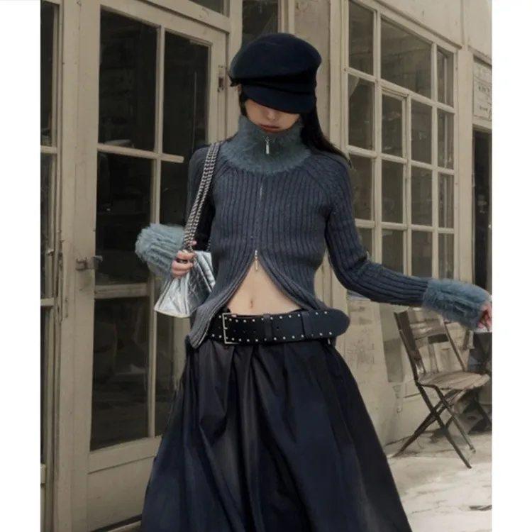 Женский трикотажный кардиган на двойной молнии свитер с высоким воротником и