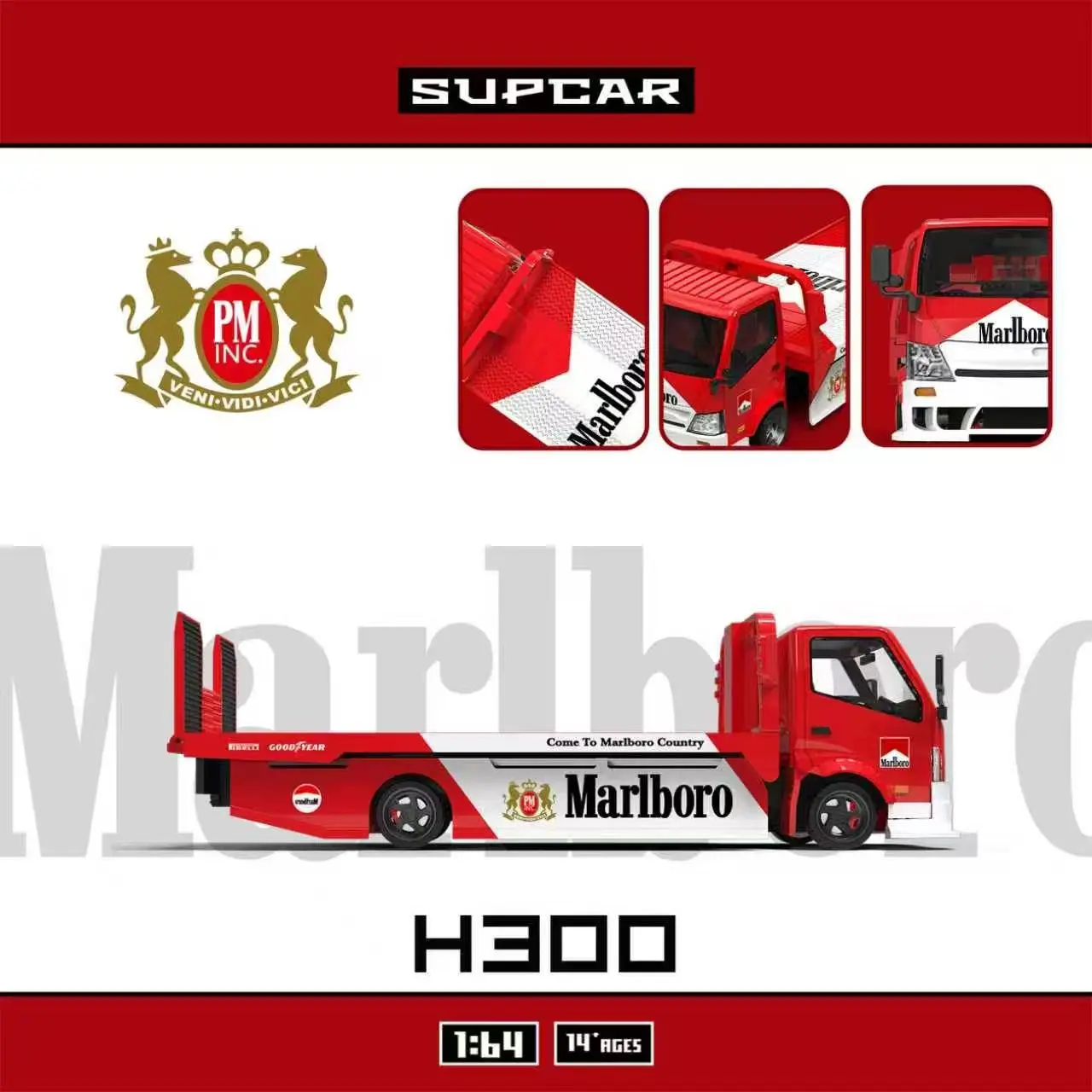 Фото Новая модель грузовика-эвакуатора SUPCAR SC 1:64 Marlboro H300 с платформой-прицепом, коллекционная литая модель из сплава, игрушка №5