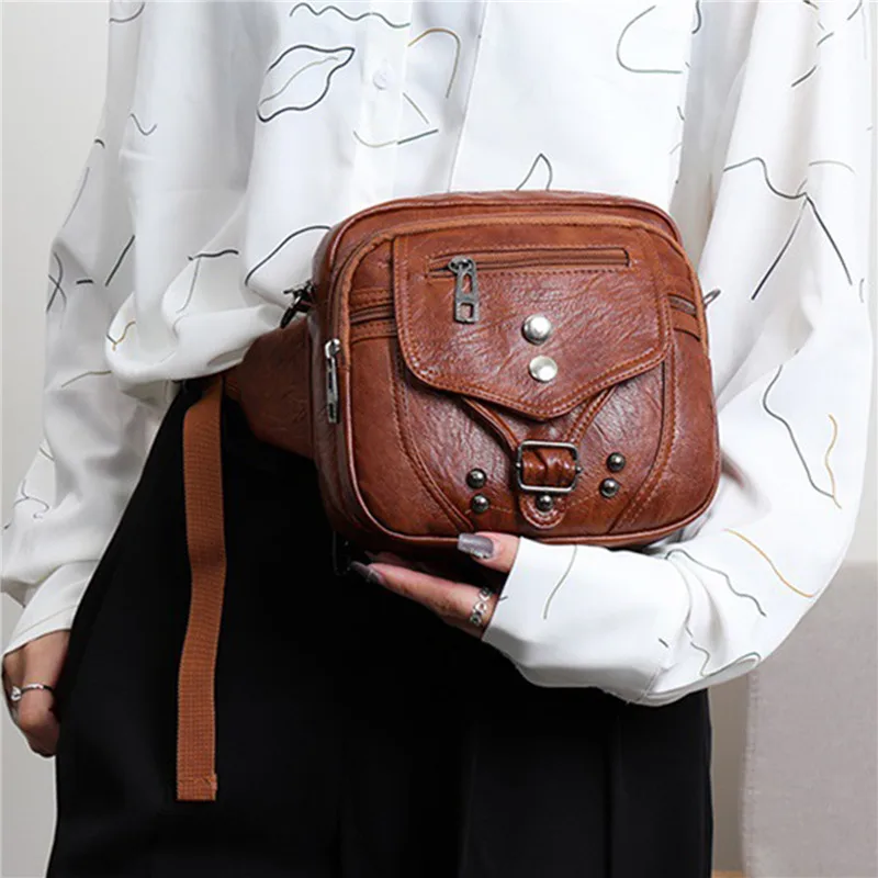 

Retro Washed Soft Leather Women's Crossbody Bag PU Shoulder Messenger Zipper Handbag Purse Travel Waist Bags Fanny Pack Sac