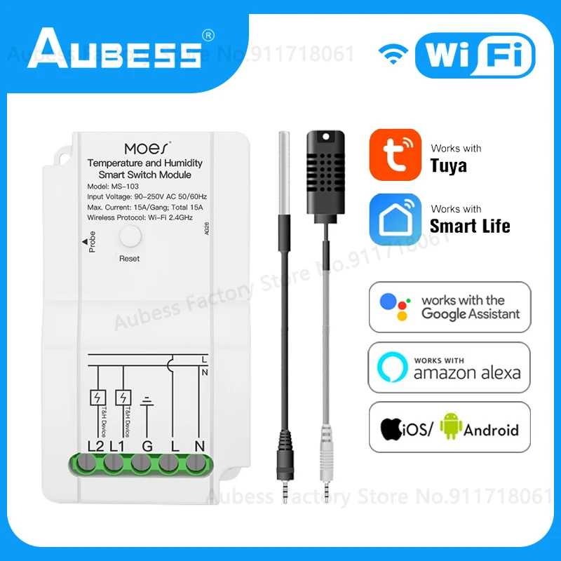 

Умный модуль переключателя температуры и влажности Aubess Tuya, Wi-Fi датчик с двумя релейными выходами, контроллер для Google Home Assistant Alexa