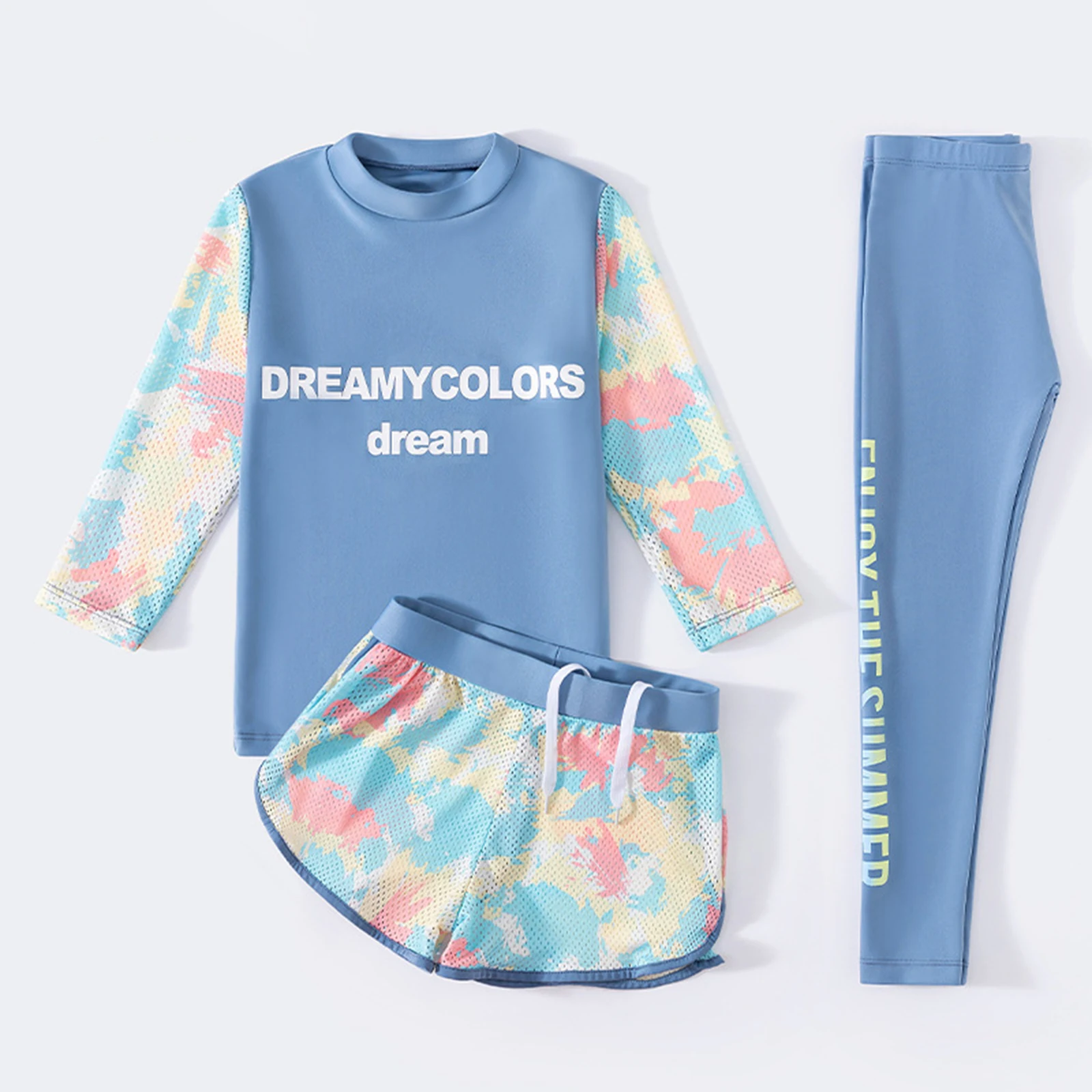 3Pcs Kids Girls Colorful Print Swimsuit Swimwear Long Sleeve Top+Shorts with Pants Set Sun Protection Rash Guard Swimming Outfit images - 6