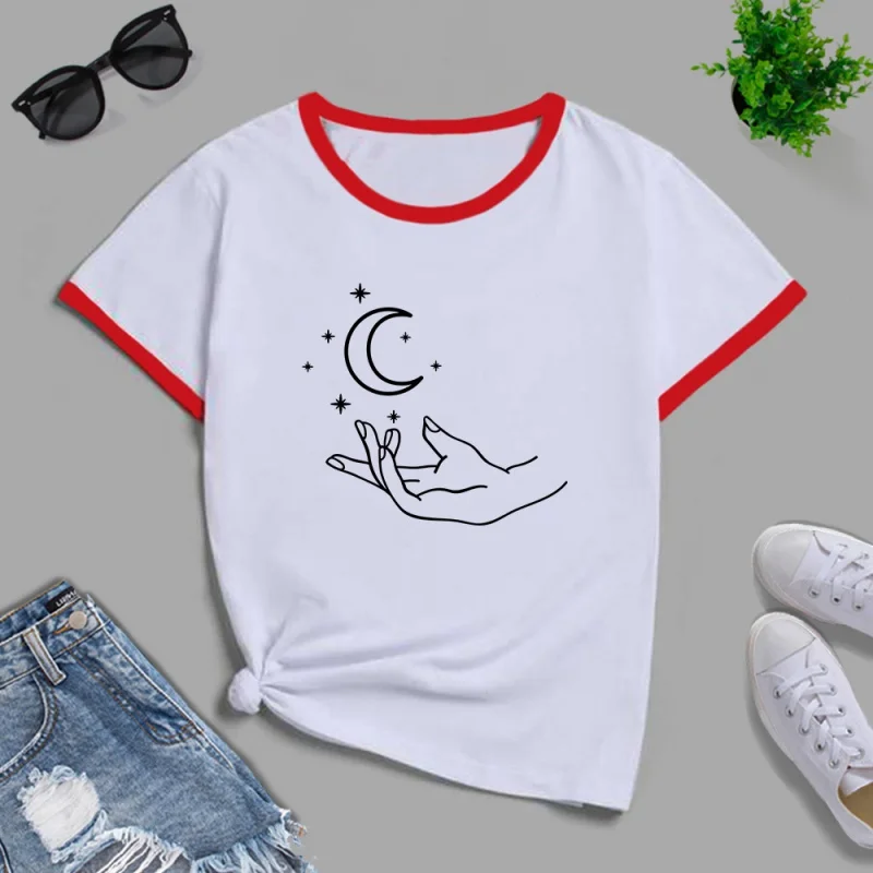 

Moon Pattern Women's Cotton Round Neck Short Sleeve T-Shirt Collision Casual Loose Plus Size Women's Tops