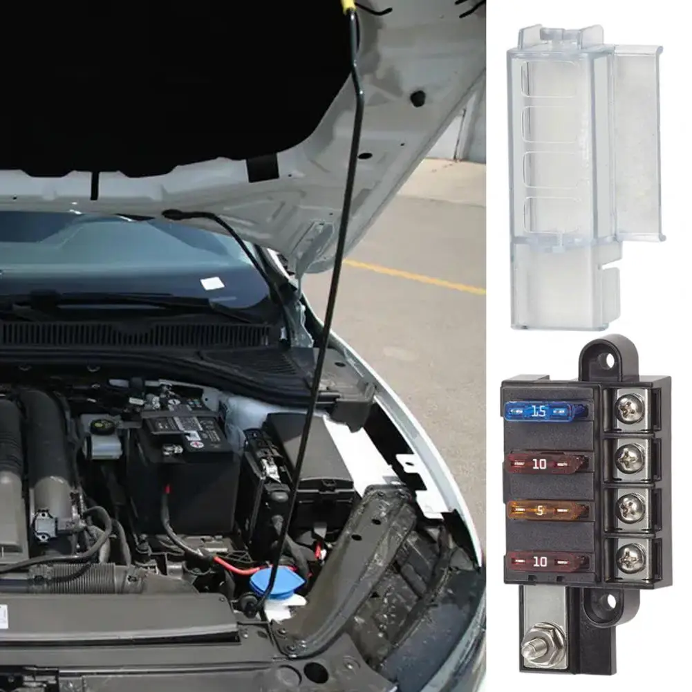 

Fuse Box with Cover LED Indicator Rust-proof Safe 4-Way Blade Fuse Block for Car