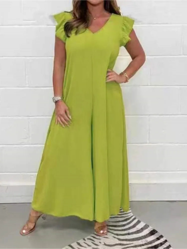 

Spring Summer Solid Party Jumpsuit Women Fashion Casual V Neck Sleeveless Ruffles Loose Jumpsuit Elegant Female Holiday Jumpsuit