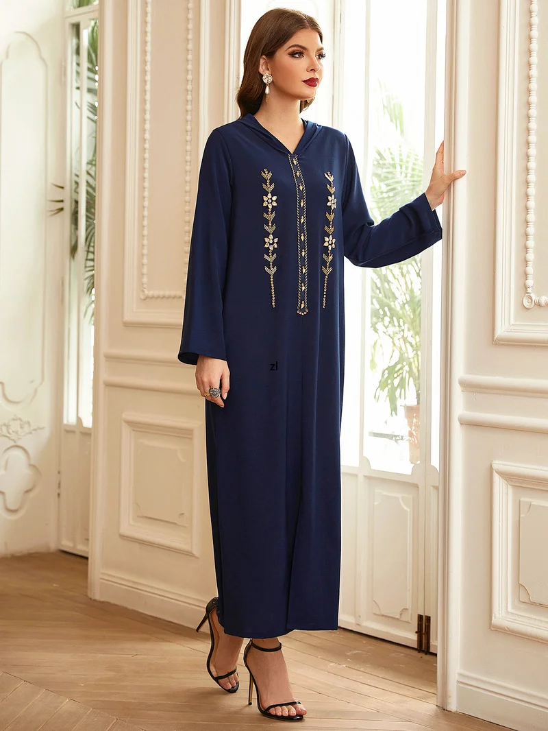 Eid Abaya Moroccan Hooded Caftan Women Handsewn Rhinestones Arab Long Dress Muslim Dubai Saudi Party Abayas Ramadan Kaftan 2022