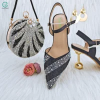New Black Color Pointed Toe High Heels Ball Heel With Round Handbag Fashion And Elegant Party Ladies Shoes And Bag Set