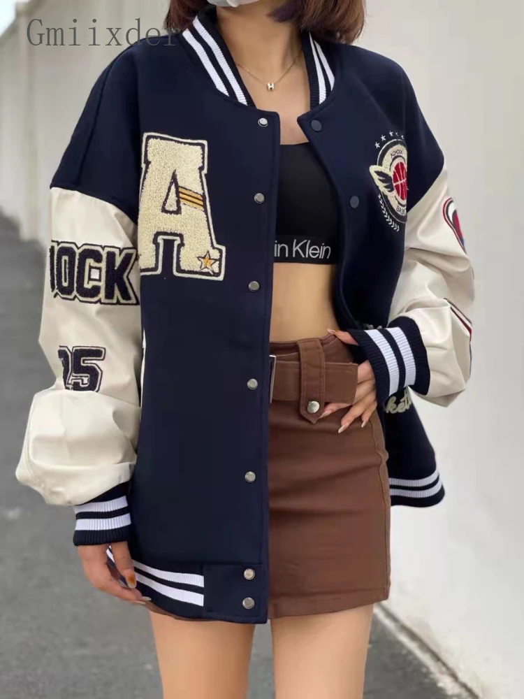 

Gmiixder Women Tweed Jacket Flocking Embroidery American Letter Flocking Baseball Coat High Street Hip-hop Men Skateboard Jacket