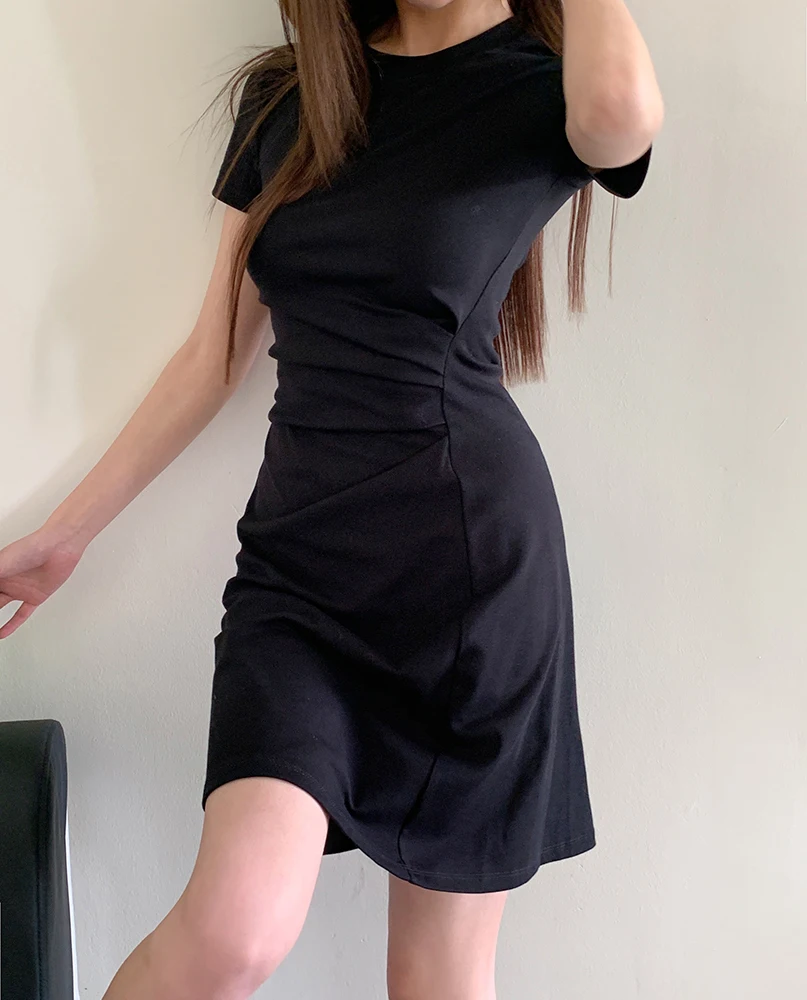 

Women's 2023 summer dress new women's casual fashion fold waist thin short sleeve slim dress irregular mini skirt