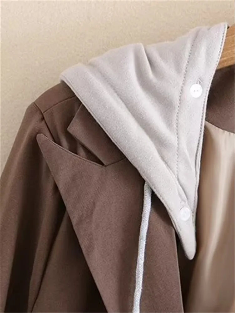 Плюс Размер Женский Блейзер С Капюшоном Длинным Рукавом Новый Лацкан Двубортный