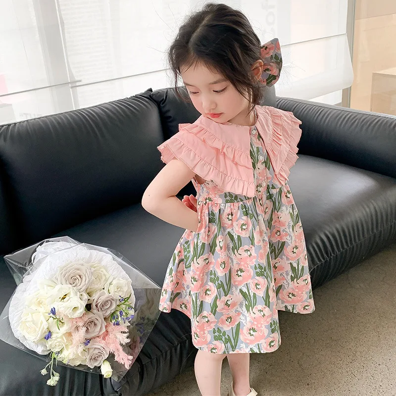 

Girls Floral Dress Summer New Double Collar Floral Princess Dress Ropa De Niña Girls Clothes